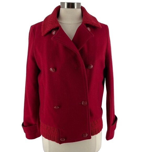 Sessun France Ted Red Cropped Pea Coat Double-Breast Wool-Blend Knit Trim Large - Picture 4 of 14